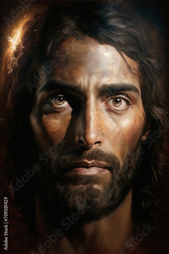 Portrait of Jesus Christ with golden paint on face, dark background