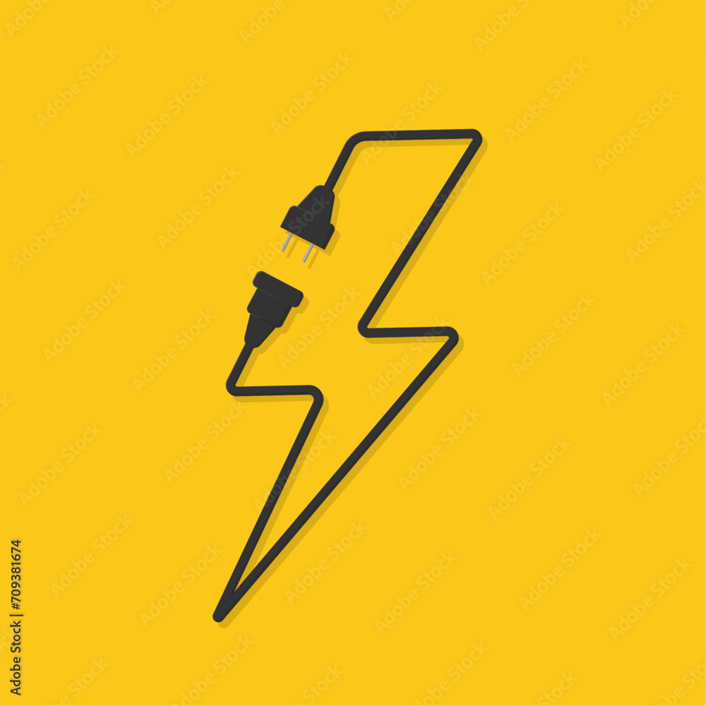Electrical socket with plug. Electrical extension cord in the form of an electrical sign, lightning. Wires, cables, high voltage sign. Concept of connection and disconnection. Vector illustration. - obrazy, fototapety, plakaty 