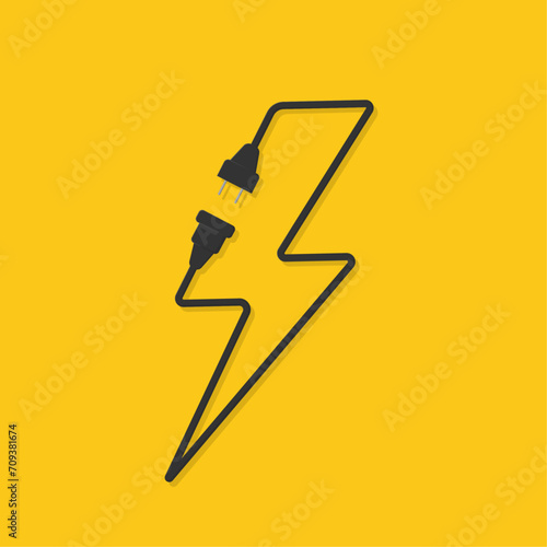 Electrical socket with plug. Electrical extension cord in the form of an electrical sign, lightning. Wires, cables, high voltage sign. Concept of connection and disconnection. Vector illustration.