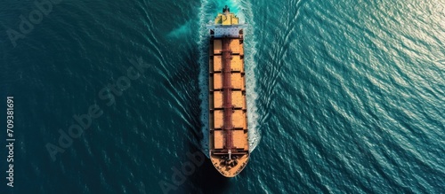 Bulk carrier ship visually observed at sea anticipating entrance to port, Aerial perspective. photo