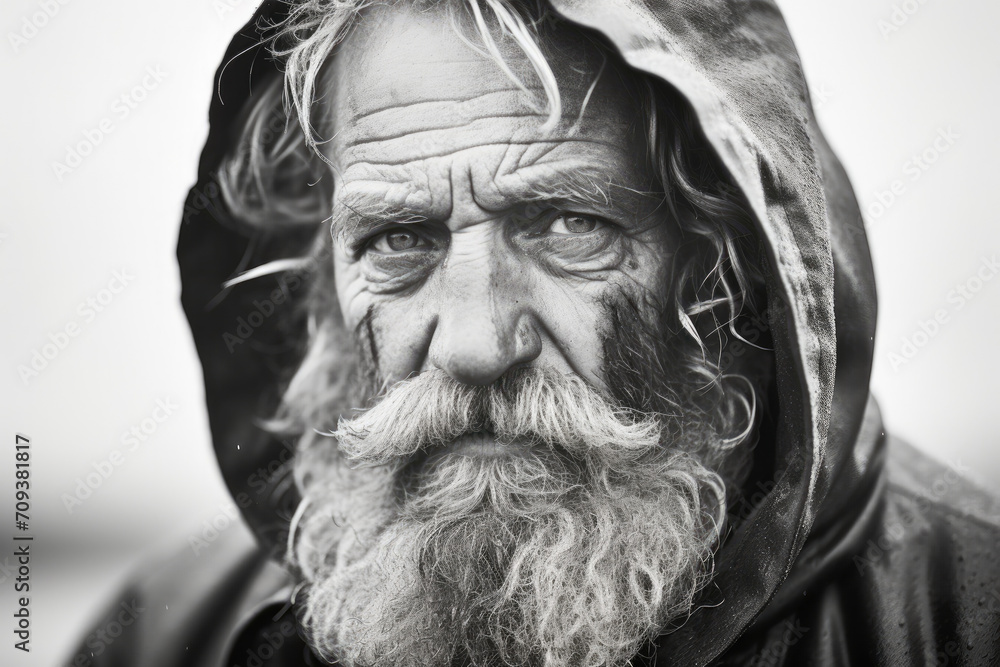A man with a beard and mustache is wearing a hooded jacket
