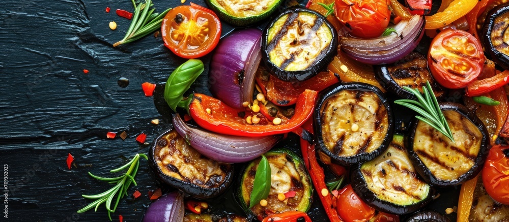 Grilled veggie salad with zucchini, eggplant, onion, pepper, and tomato.