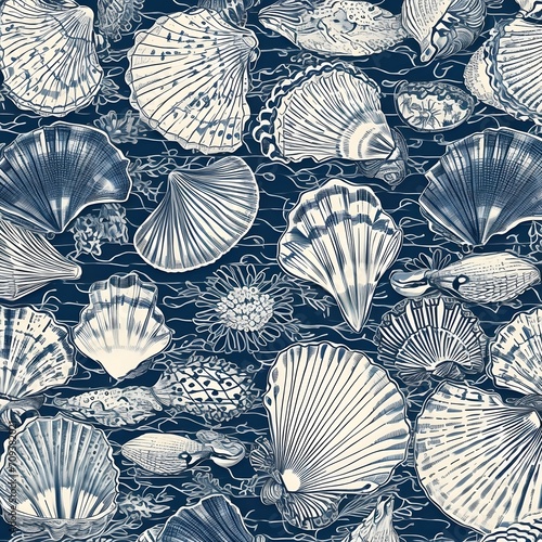 seamless seashells pattern in the style of blue willow china