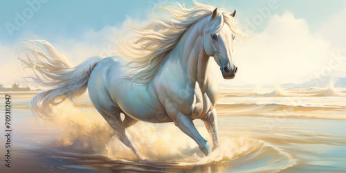 A white horse runs on sand along an ocean beach, watercolor painting