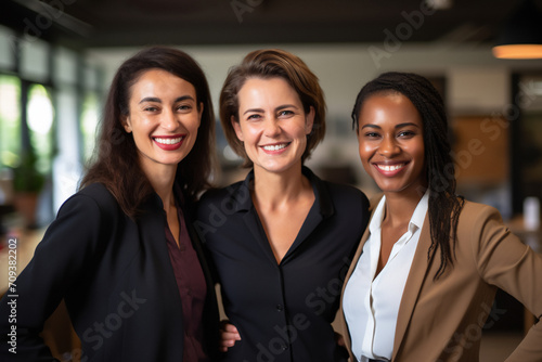 Business women. Portrait of multiracial group of beautiful and happy female employees standing in a modern office. Smiling office workers looking at the camera in a workplace.