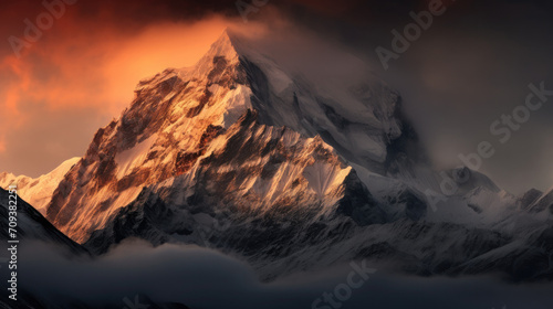 A snowy mountain with a red sky in the background