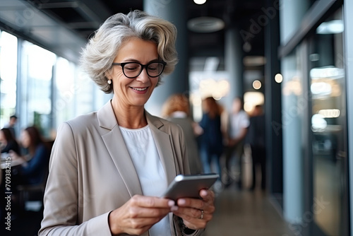 A woman wearing glasses is smiling while looking at her cell phone Free Download A woman wearing glasses is smiling while looking at her cell phone - GFXLoad