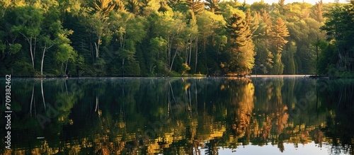 Calm water reflects trees at Northern Michigan lake in summer evening.