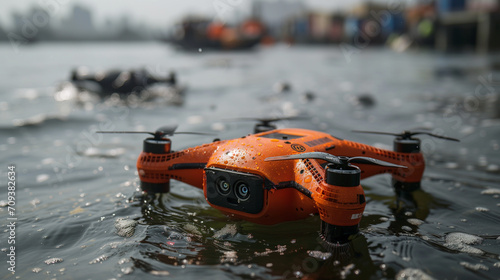 Bright drone in water during an ocean clean up mission. 