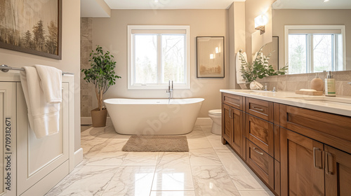 Remodeled bathroom interior with a new standalone tub and new cabinets.