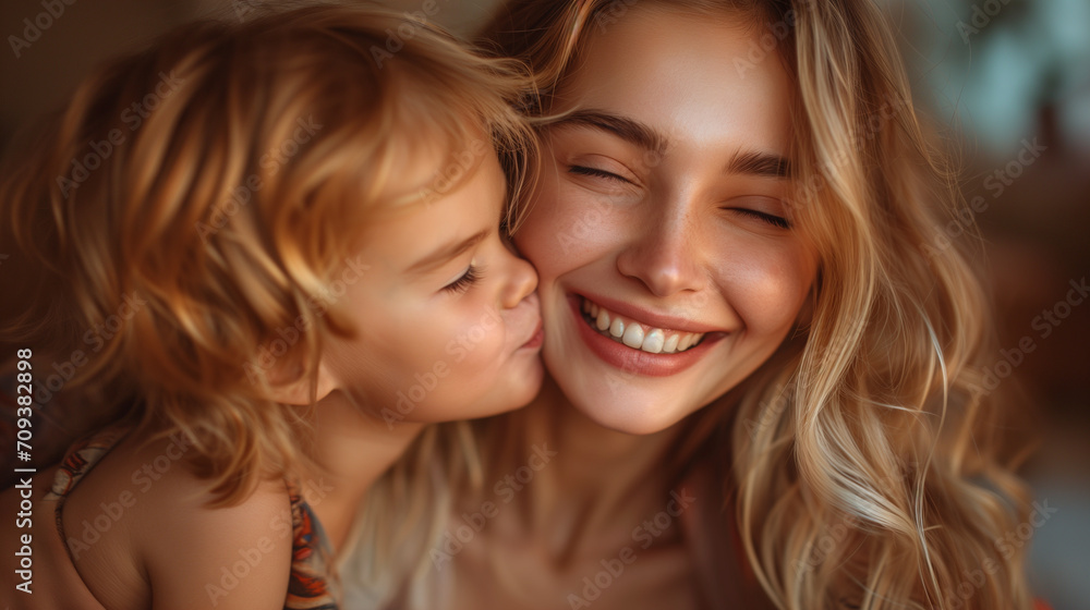Cute toddler kissing her mom on the cheek. Smiling and happy parent. Cute toddler kissing her mom on the cheek. Smiling and happy parent.
