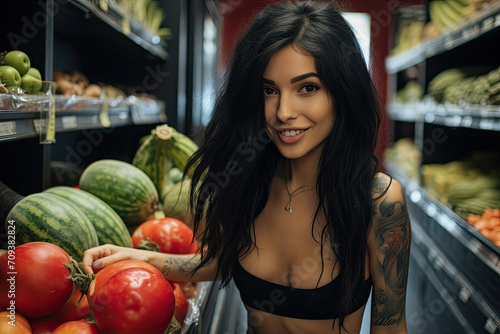 A woman in a black top is holding a tomato in a grocery store