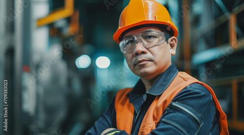 Portrait of Industry maintenance engineer man wearing uniform and safety hard hat on factory station. Industry, Engineer, construction concept © Enrique
