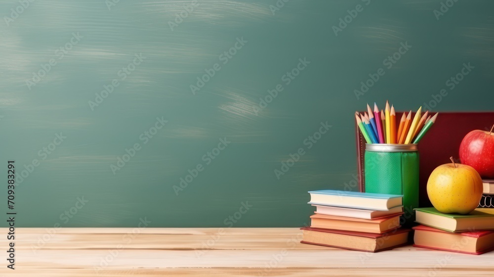 Stationary studying in class, stack of books and pencil set, apples on ...