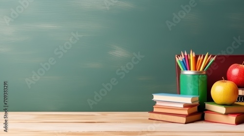 Stationary studying in class, stack of books and pencil set, apples on wooden table, with chalk green board background. School and science background theme.