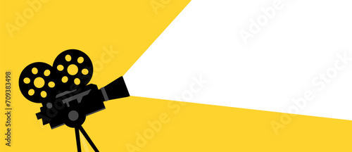 Classic film projector casting light on yellow background, cinema concept vector illustration