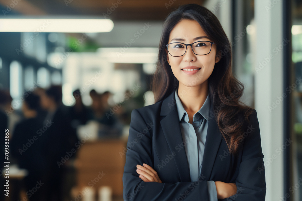 Business woman. Portrait of a asian, beautiful, young and happy woman in a suit standing in a modern office. Smiling female manager looking at the camera in a workplace