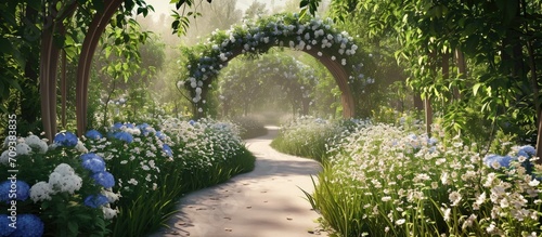 Foto Summer blooming garden with white and blue flowers, wooden archway, and curvy pathway