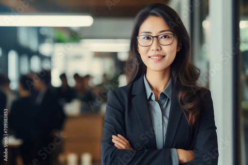 Obraz na płótnie Business woman. Portrait of a asian, beautiful, young and happy woman in a suit standing in a modern office. Smiling female manager looking at the camera in a workplace w salonie