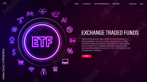 A web banner with the logo of ETF exchange traded funds in a neon frame on a blue and purple background. The concept for the stock market.