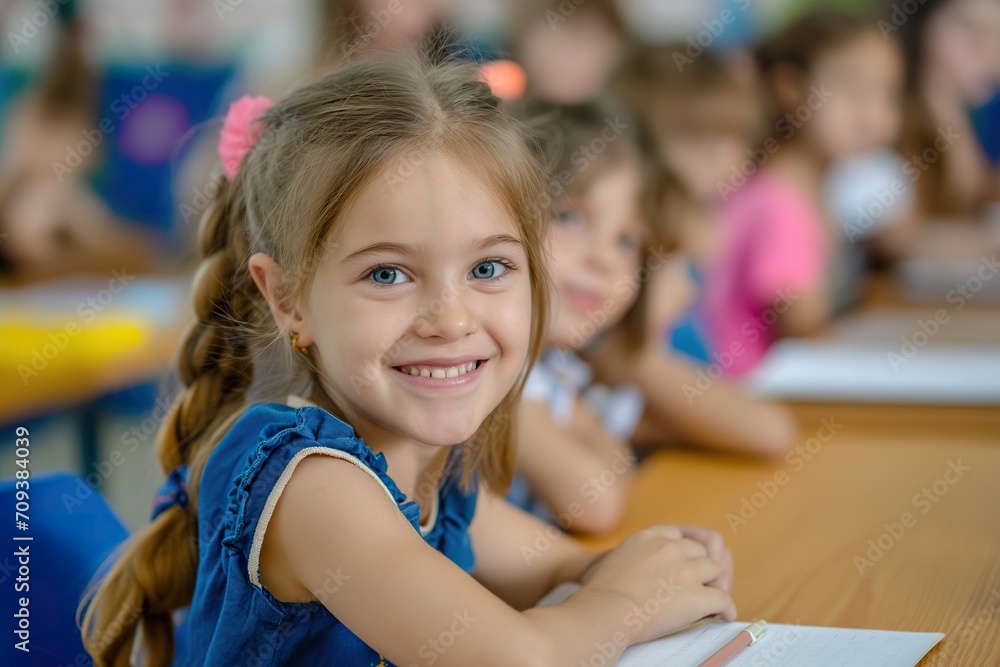 A girl, a student at a mixed school, smiles at the camera while sitting at her desk. A girl, a student at a mixed school, smiles at the camera while sitting at her desk.