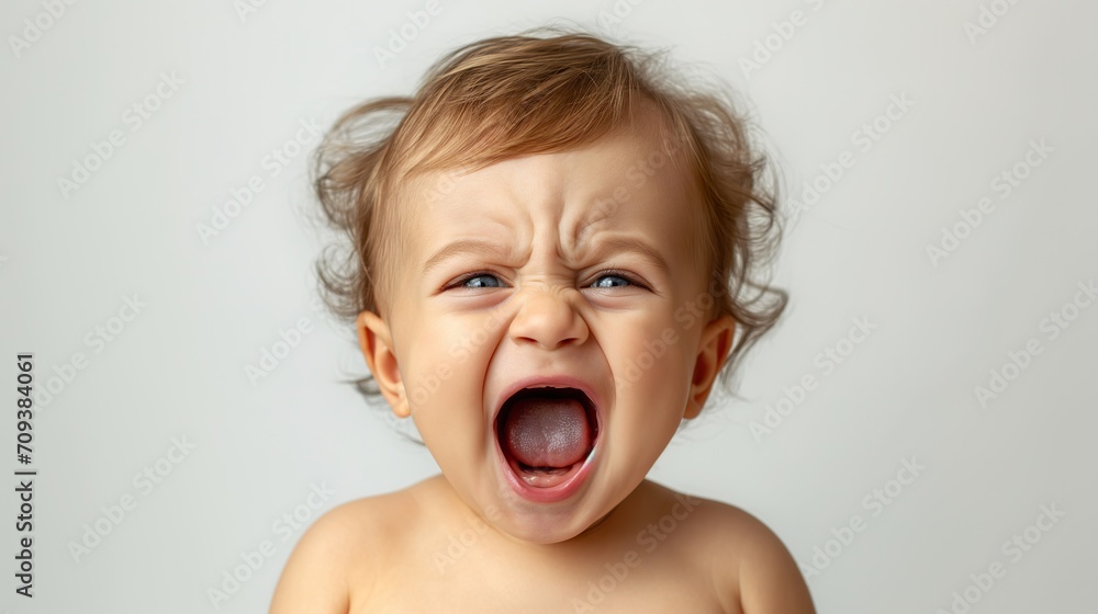 A 1 year old baby cries inconsolably in solitude, isolated on white studio background. A 1 year old baby cries inconsolably in solitude, isolated on white studio background.