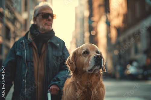 A blind person, guided by his dog down a street.