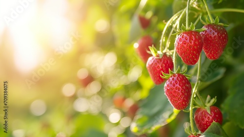 Web banner of a plantation of ripe  red strawberries  with copy space.