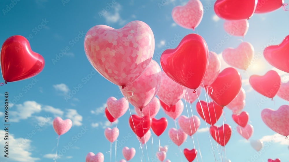 Valentine's Day A heart-shaped cluster of helium balloons, gently floating towards the sky, carrying handwritten love notes -Generative Ai