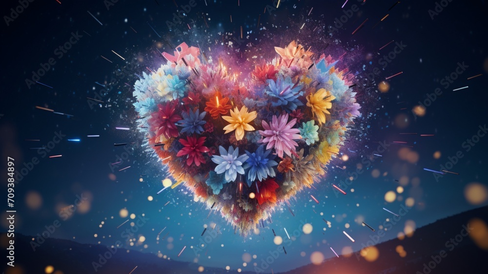 Valentine's Day A heart-shaped firework exploding in a night sky filled with colorful bursts -Generative Ai - obrazy, fototapety, plakaty 
