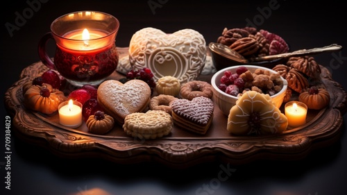 Valentine's Day A heart-shaped dessert platter, adorned with a variety of delectable treats, delicately crafted and surrounded by candlelight -Generative Ai