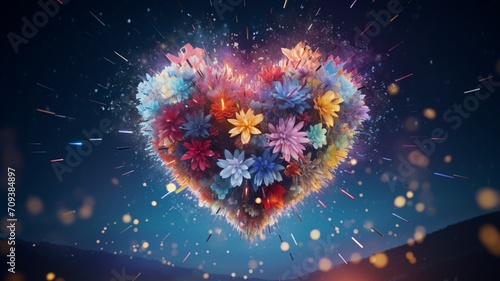 Valentine's Day A heart-shaped firework exploding in a night sky filled with colorful bursts -Generative Ai