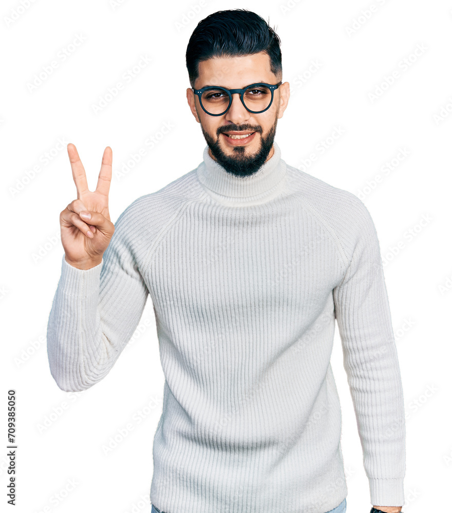 Young arab man with beard wearing elegant turtleneck sweater and glasses showing and pointing up with fingers number two while smiling confident and happy. Young arab man with beard wearing elegant turtleneck sweater and glasses showing and pointing up with fingers number two while smiling confident and happy.