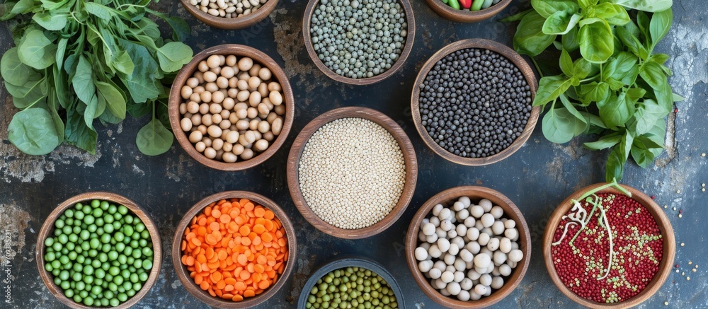 High B9 foods, folic acid sources, viewed from above. High B9 foods, folic acid sources, viewed from above.