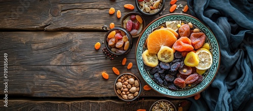 Bird's-eye view of dried fruits from Central Asia in a traditional ceramic bowl on a wooden table photo
