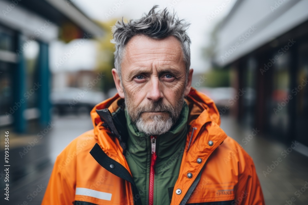 Portrait of a senior man with grey hair and beard in an orange jacket in the city Portrait of a senior man with grey hair and beard in an orange jacket in the city