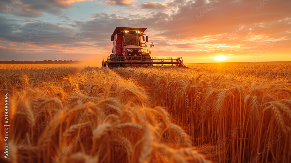 Fototapeta premium Wheat harvester on the field in the evening.