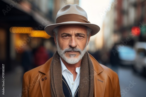 Portrait of a senior man with hat and scarf in the city.