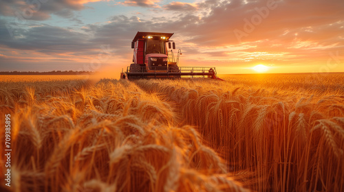 Wheat harvester on the field in the evening.