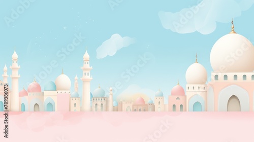 Dome mosque islam ramadan illustration, islamic prayer month of Ramadan and eid al fitr, moslem ornament decoration greeting card copy space text background template. © Muamanah