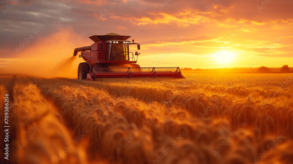 Fototapeta premium Wheat harvester gathering wheat on a field during golden hour.