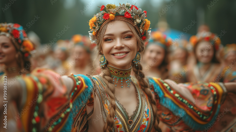 Young Russian Slavic women in traditional colorful dresses dancing outside during a festival celebration.