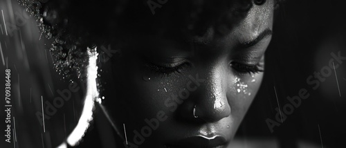 Black Female Crying Beautiful Backdrop With Copyspace Generative AI
