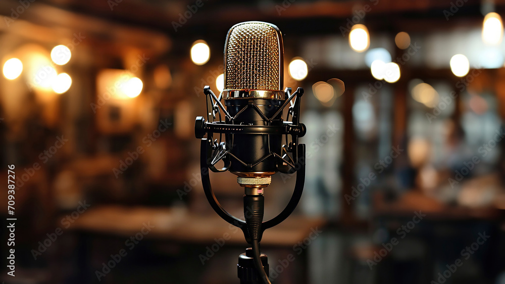 1950's professional microphone in recording studio,
 Vintage style microphone and tools for record in room. - obrazy, fototapety, plakaty 