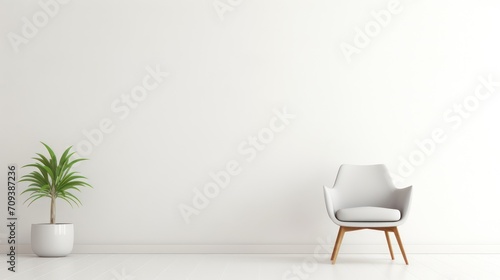 Minimalist sofa chair, inside a minimalist modern Scandinavian house interior, with white wall background and interior potted plant decoration.