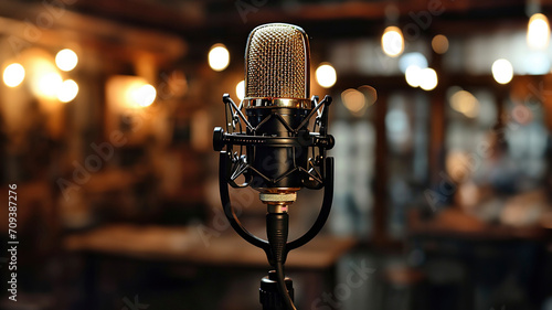 1950's professional microphone in recording studio,
 Vintage style microphone and tools for record in room. photo