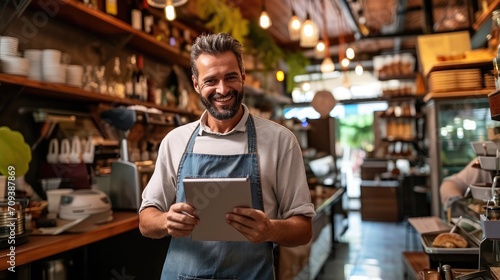 Man in restaurant, tablet and inventory check, small business