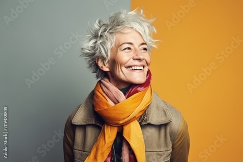 Portrait of a happy senior woman with orange scarf and yellow coat