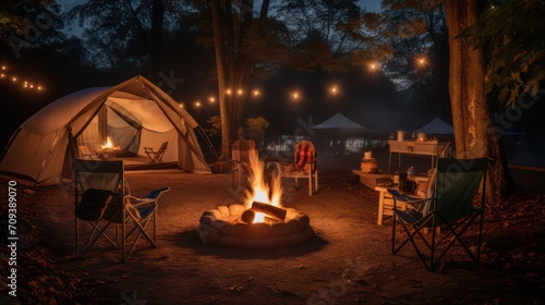 Burn flame campfire at outdoor campsite at night, recreation with adventure in the wild in summer.