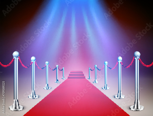 Red Carpet Event Entrance with Velvet Ropes and Spotlight, Glamorous VIP Event Illustration with Shiny Stanchions